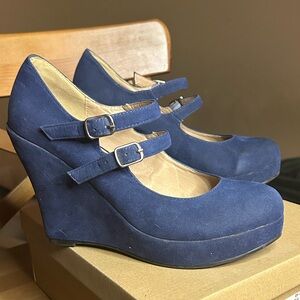 Blue suede-like Mary Jane Wedges